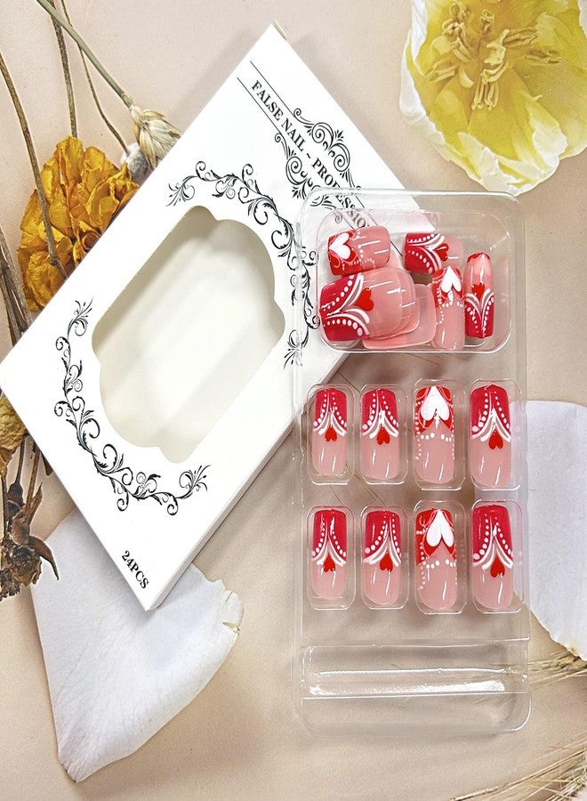 TBRZTR Valentine's Medium Square & Coffin Nails, 24Pcs Pink French Tip Heart Press On False Nails, Glossy Acrylic Material, Full Cover, DIY Stick On Nails - Image 4